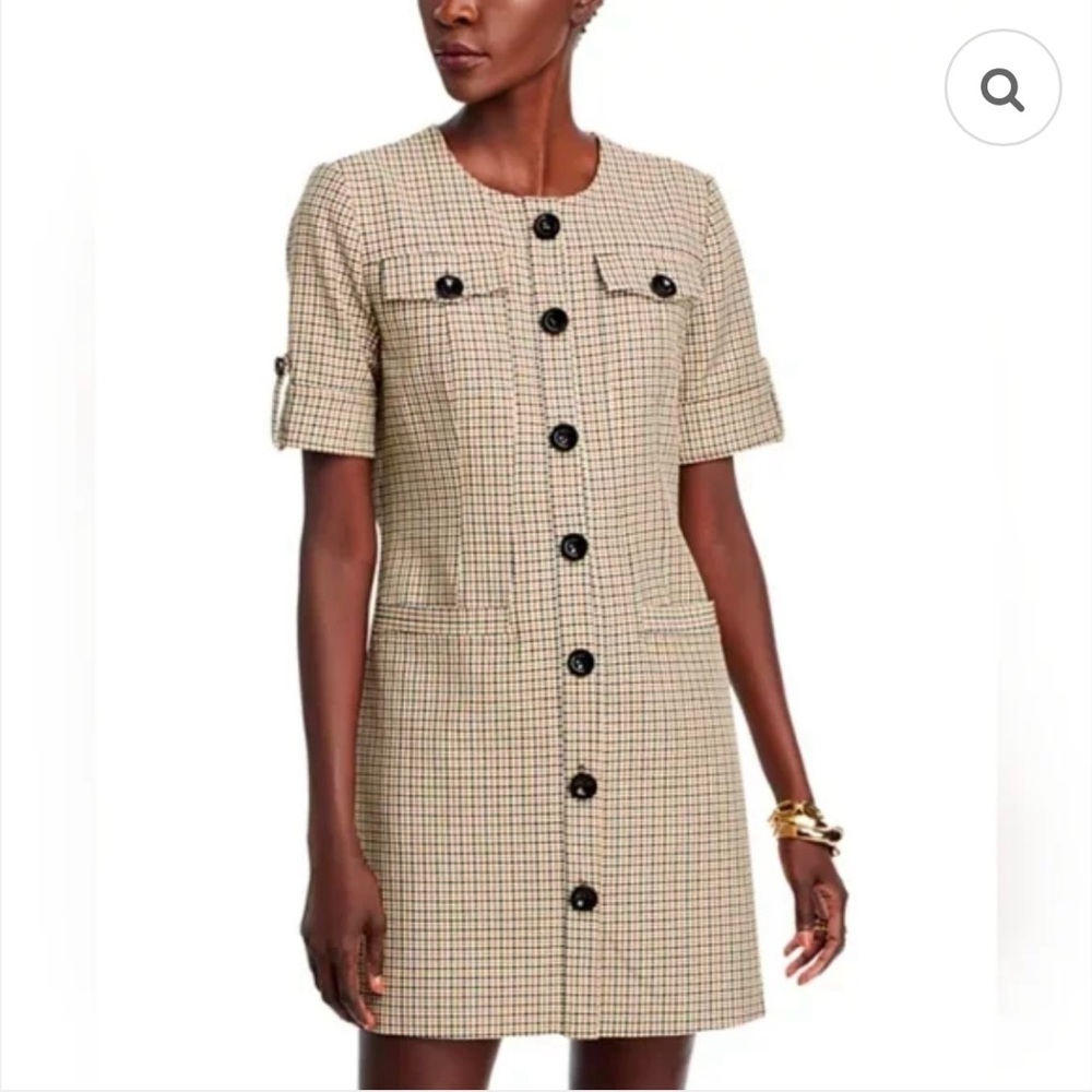 TOCCIN camel multi Gale Short Sleeve Button Front Plaid Mini Dress